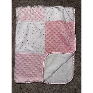 Just Born Patchwork Hearts Baby Blanket Minky Dots Pink/White Sherpa Satin Trim